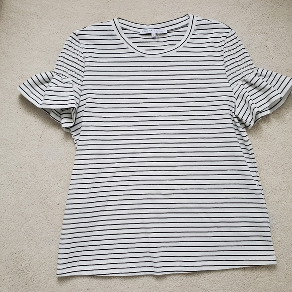 English Factory Striped Ruffle Sleeve Short Sleeve Top szM - Picture 1 of 16